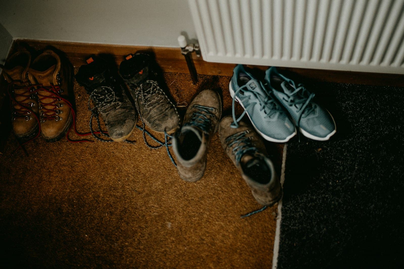 A pair of men's running shoes drying on a sunny step